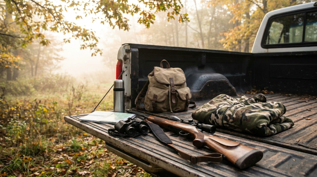 Beginner hunting gear including binoculars, rifle, and pack laid out on a truck tailgate