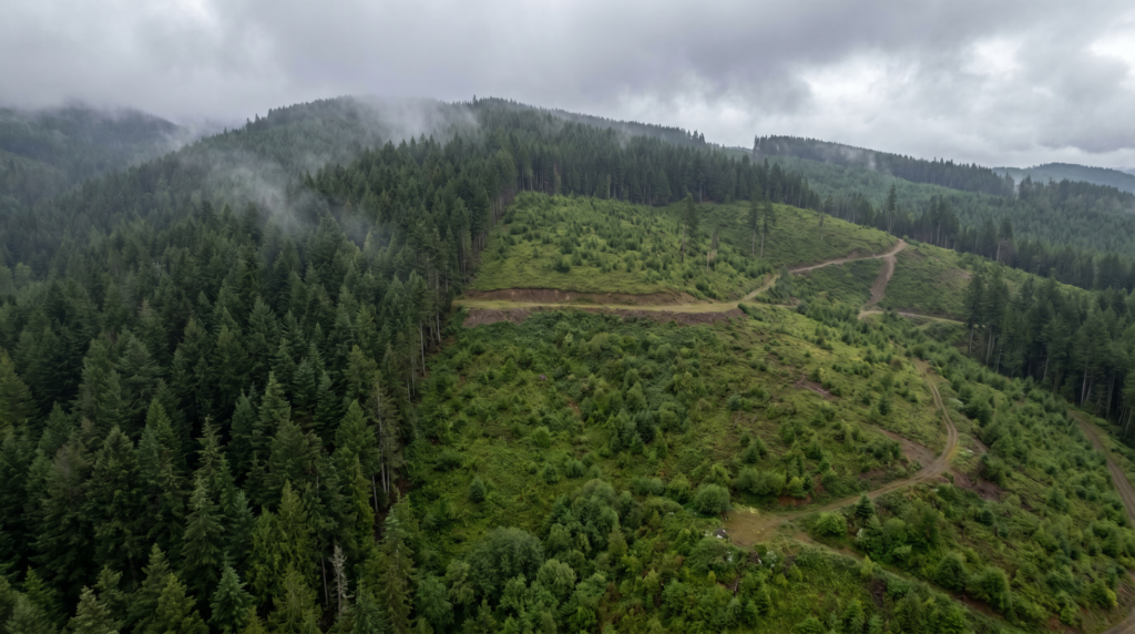 Aerial view of an Oregon Coast Range clearcut showing the transition zone between old growth and brushy regrowth, ideal blacktail habitat