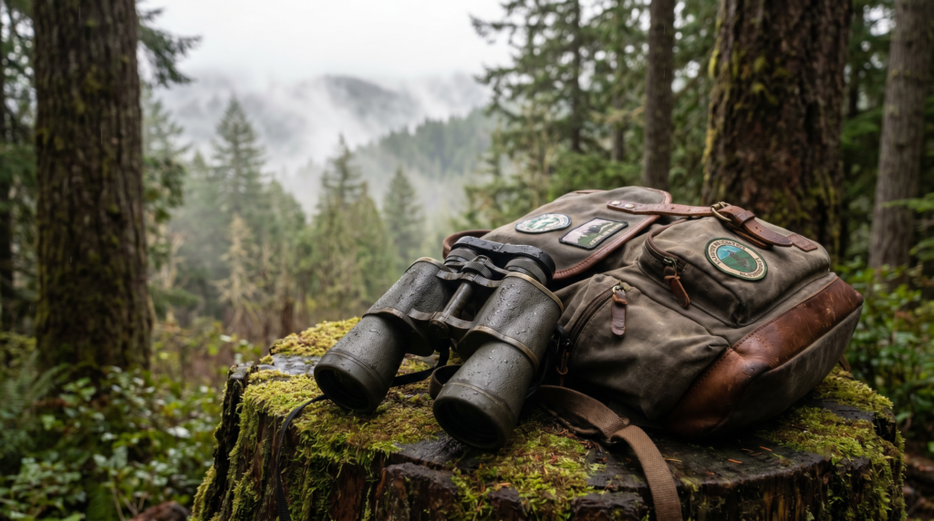 Binoculars and a daypack resting on a stump overlooking a misty Pacific Northwest ridge