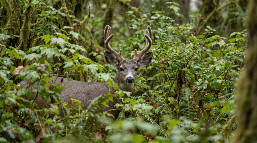 Columbia blacktail buck nearly hidden in thick vine maple brush, the grey ghost