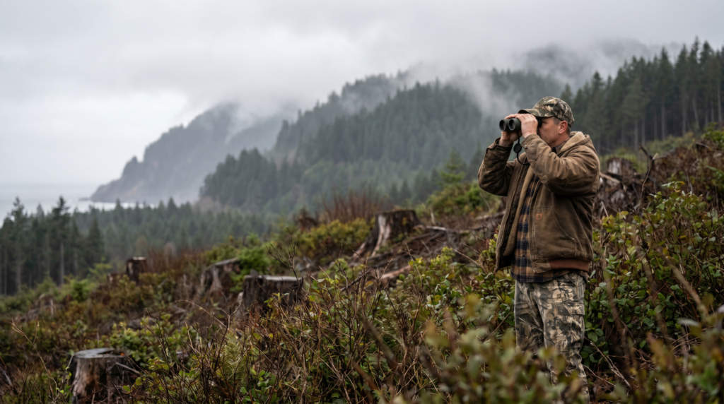 Hunter glassing a brushy Oregon Coast Range clearcut for blacktail deer