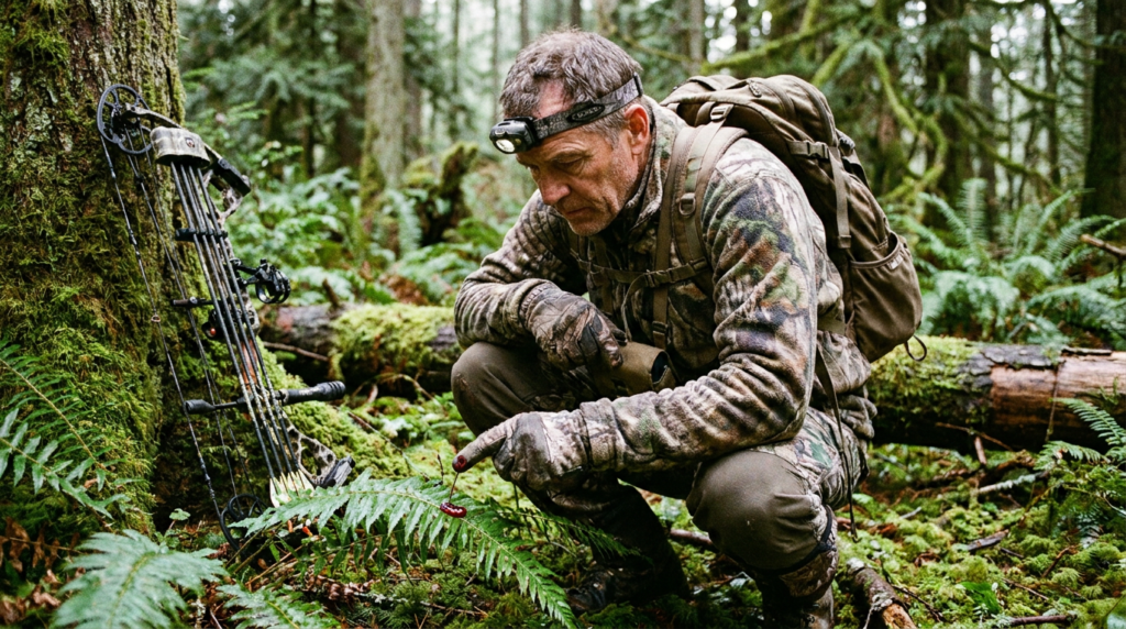 Bowhunter crouched studying a blood trail in thick timber