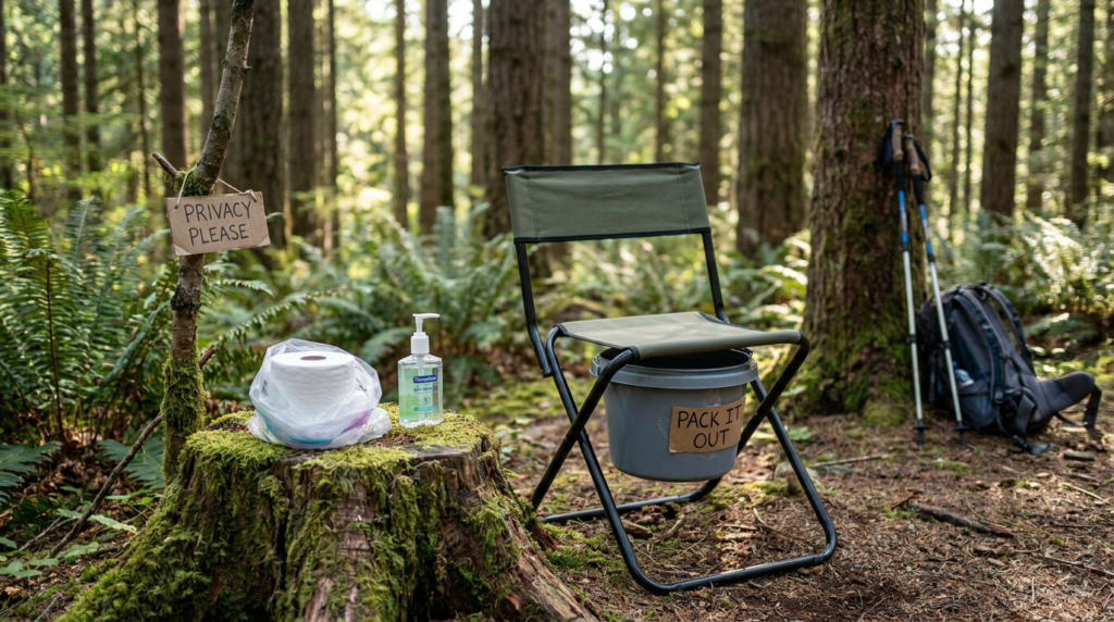Portable camp toilet setup with toilet paper and hand sanitizer in the woods