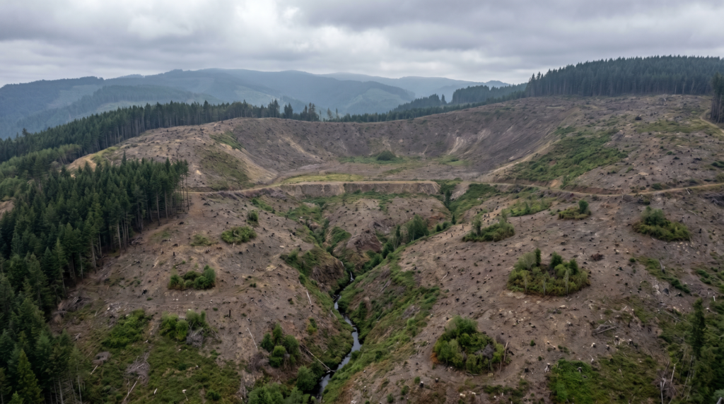 Aerial view of an Oregon Coast Range clearcut with a bench, ravine, finger ridge, and brush islands
