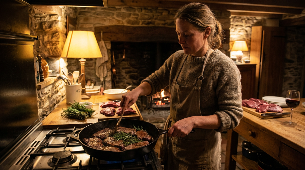 Cooking venison steaks in a cast iron skillet in a rustic kitchen