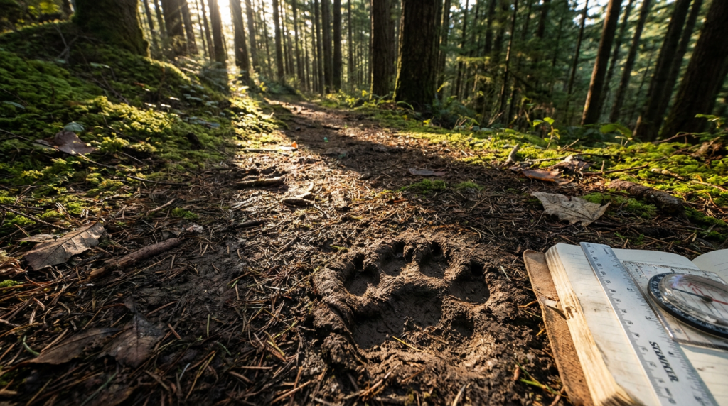 Mountain lion paw print in soft dirt on a Pacific Northwest forest trail