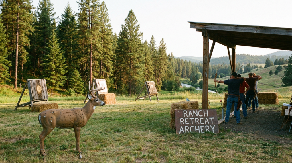 Rustic 3D archery range with foam deer target at Cummings Creek Retreat