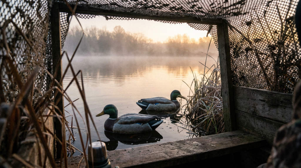 Mallard decoys floating in misty water near an Oregon duck blind