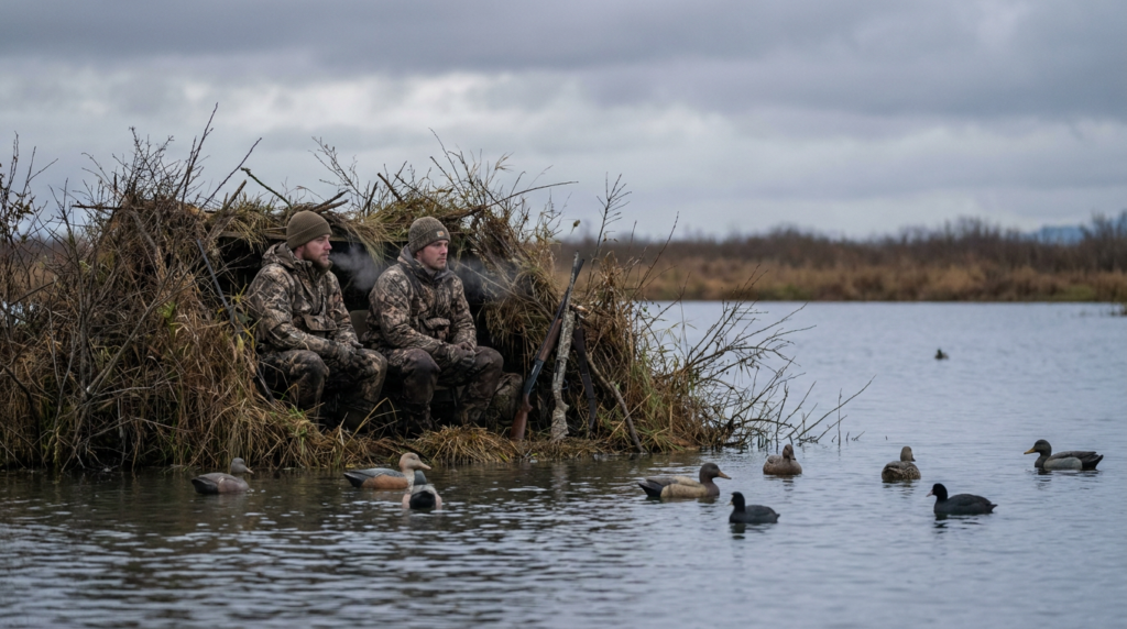 Two hunters in a duck blind at dawn with decoys and coots on calm Oregon water