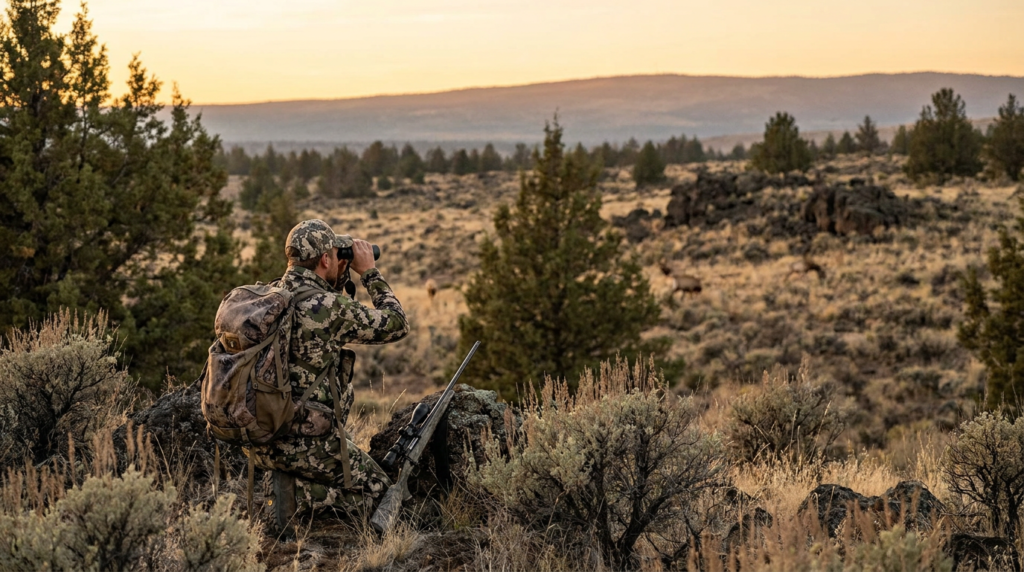 Hunter glassing a sagebrush eastern Oregon ridge with binoculars for elk