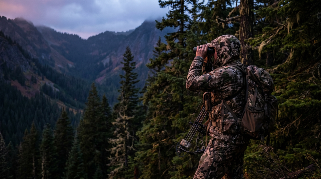 Bowhunter glassing thick Pacific Northwest timber at dusk for elk