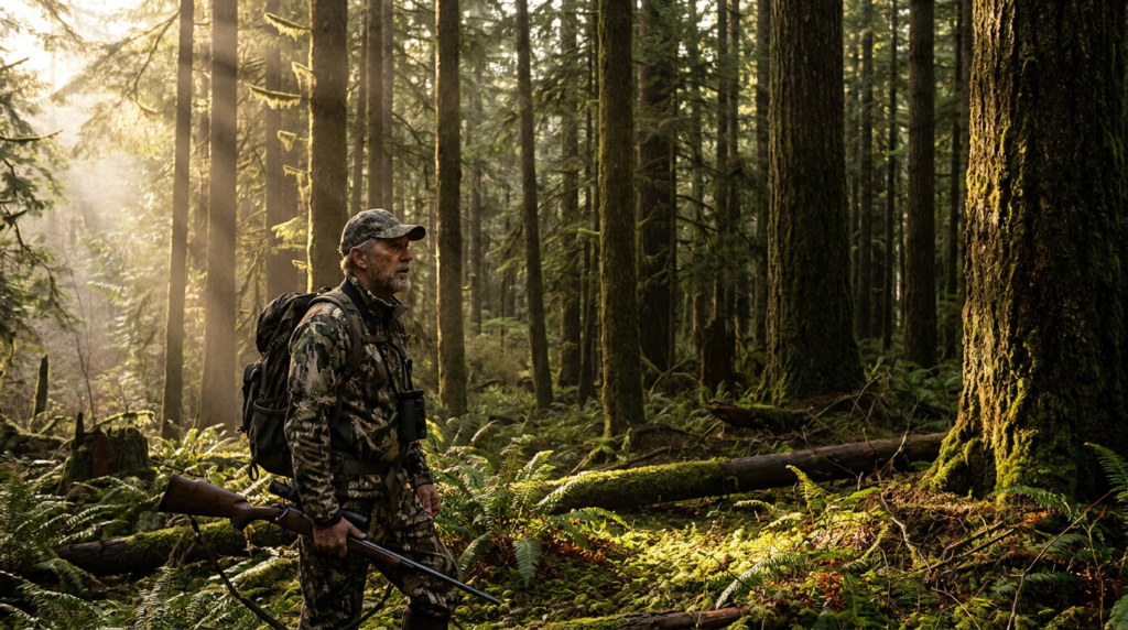 Hunter standing at the edge of dense elk timber before preseason