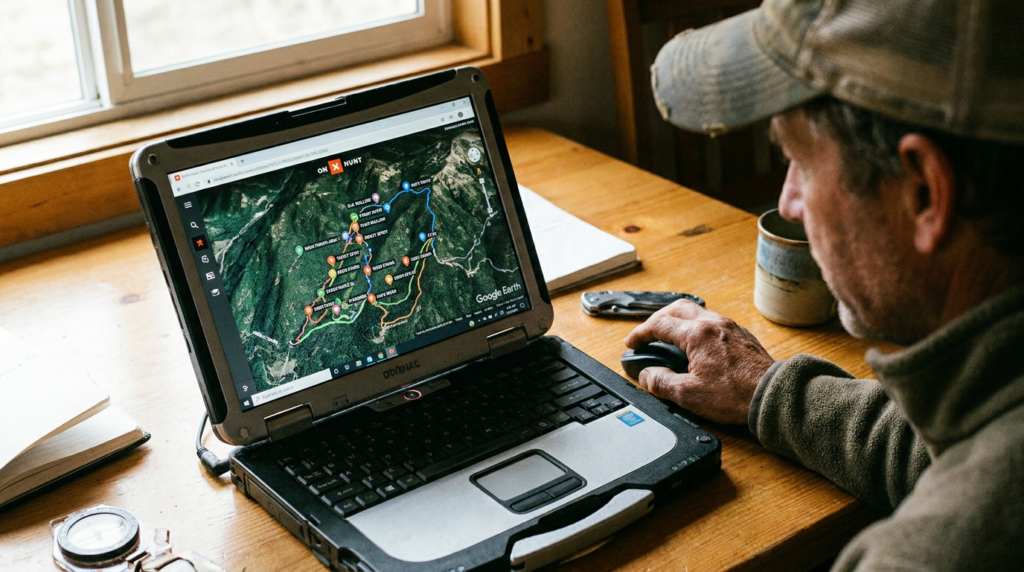 Laptop showing Google Earth satellite imagery with mapped scouting waypoints