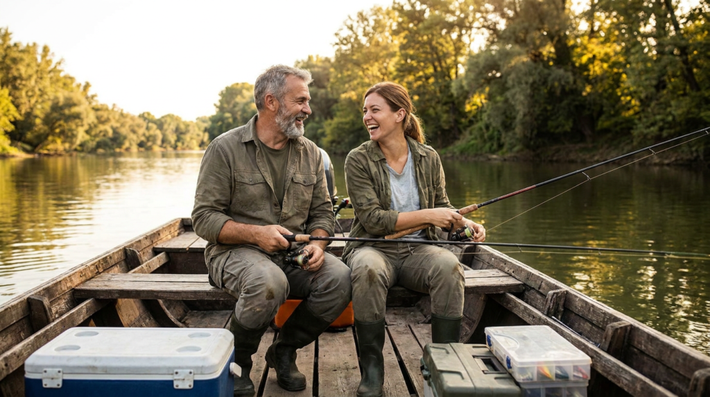 Father and adult daughter laughing while fishing from a small boat on calm water