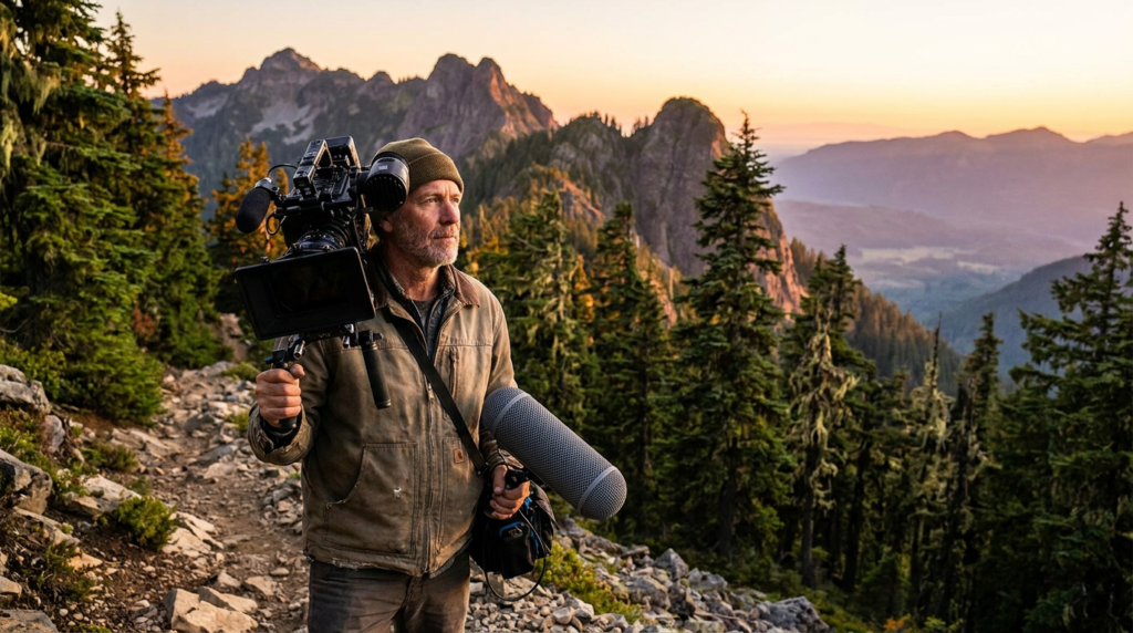Documentary filmmaker with a camera rig on a rugged mountain trail at sunset