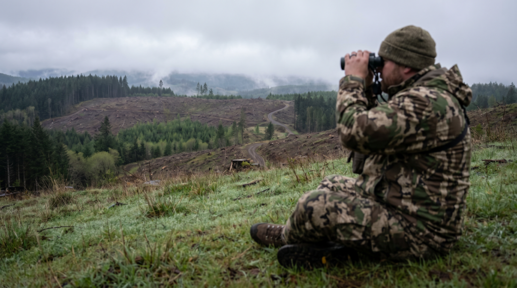 Hunter sitting on a hillside glassing a foggy Oregon Coast Range clearcut with binoculars