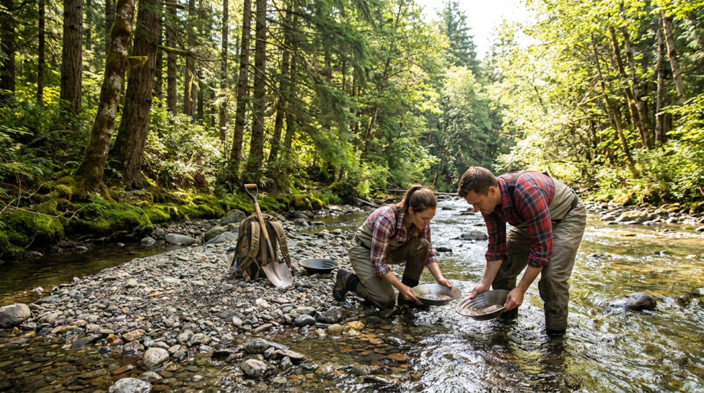 Two people gold panning with pans and shovels in a shallow Oregon creek