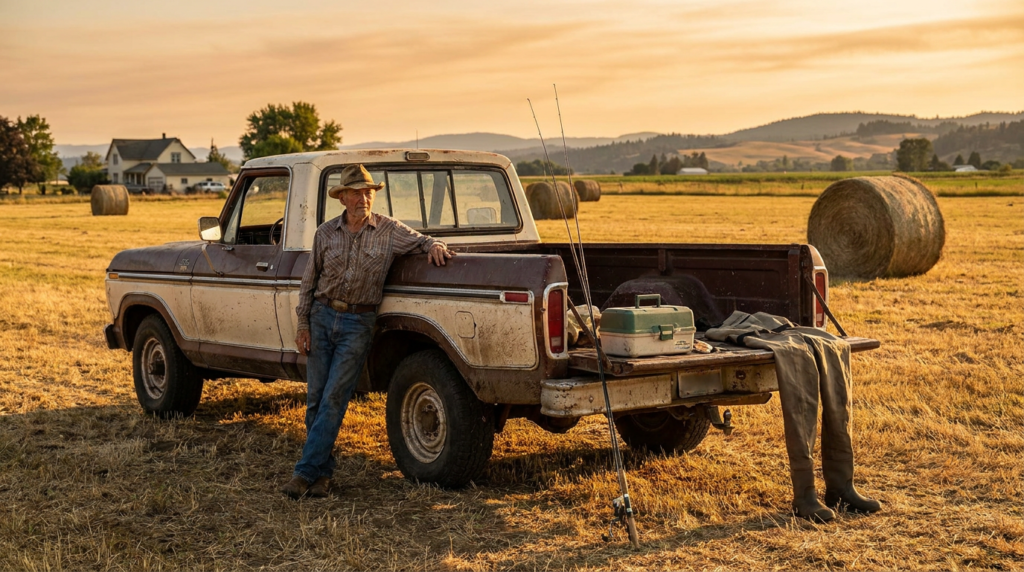 Rancher in a hay field at golden hour with fishing gear leaned against a truck