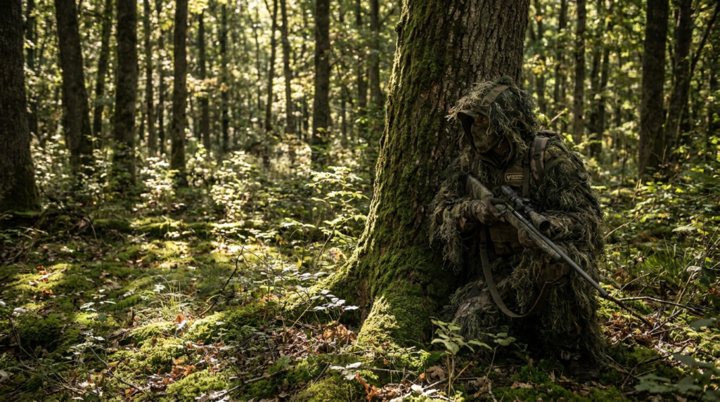 Hunter in camo crouched motionless against a tree trunk blending into forest shadow