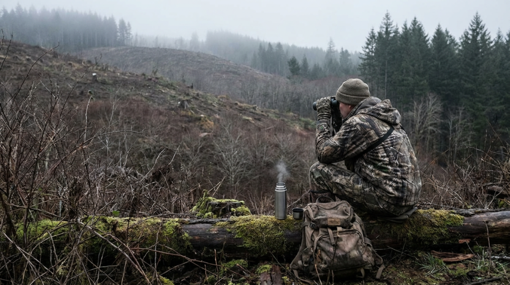 Hunter glassing a quiet foggy Oregon Coast Range clearcut during a slow late October deer season