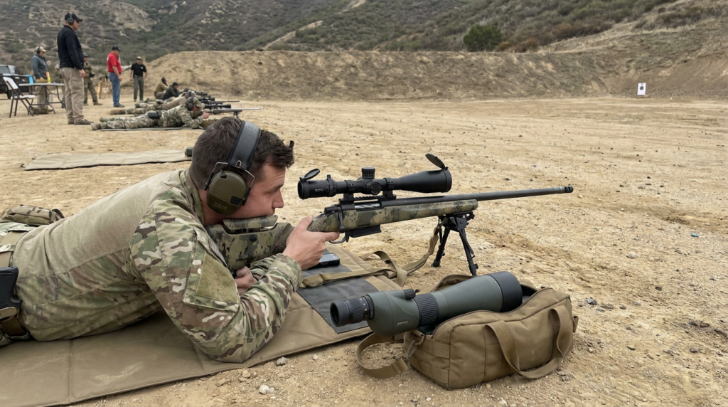 Hunter practicing long-range rifle shooting form prone behind a bipod at the range