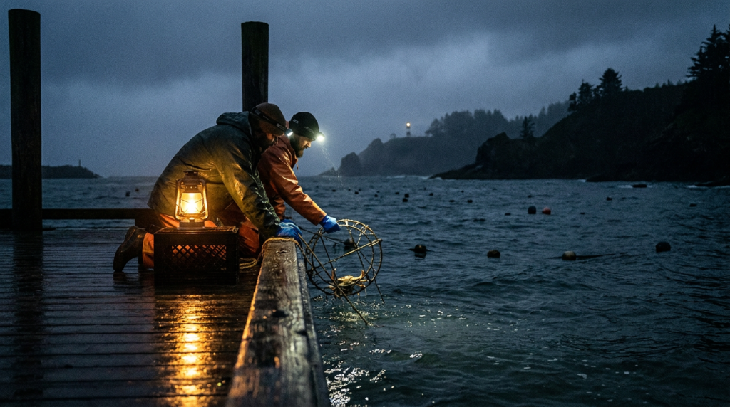 Two people night crabbing off a dock with headlamps and crab rings