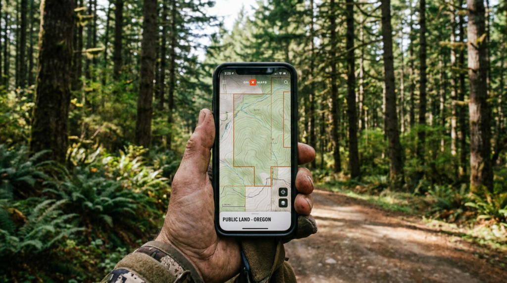 Smartphone with a hunting mapping app open over blurred Oregon public land forest