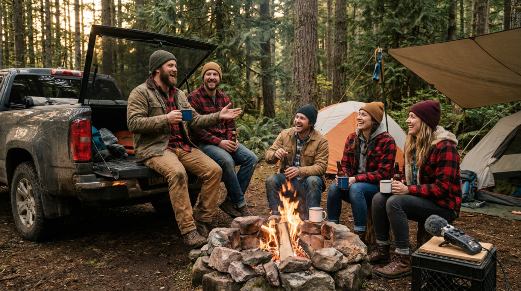Friends laughing and swapping stories at a Pacific Northwest hunting camp
