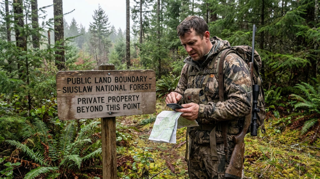 Hunter checking a map at a public land boundary sign in the Oregon Coast Range
