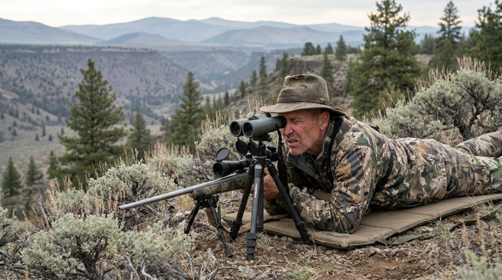 Hunter in prone position behind a rifle on a bipod glassing an Oregon ridge