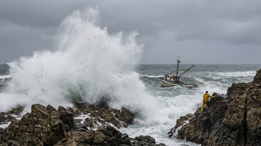 Rough ocean wave crashing over rocks on the Oregon coast