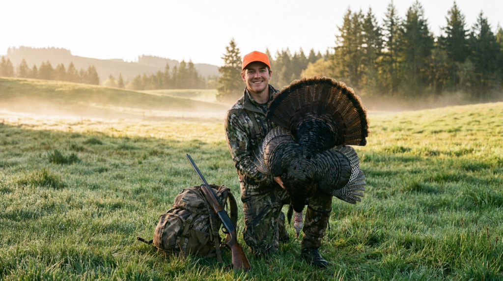 Young hunter kneeling beside a wild turkey harvest in a spring Oregon field