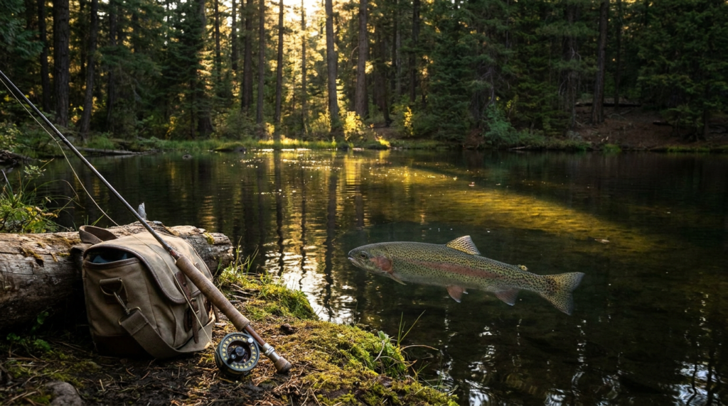 Stocked trout swimming near the surface of a calm Oregon pond
