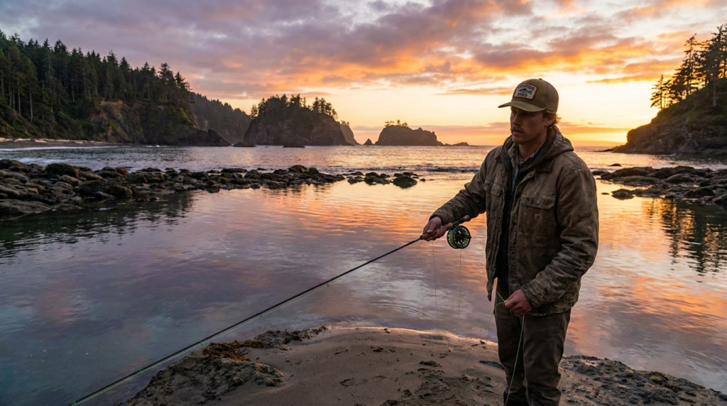 Angler casting into a calm coastal bay at sunset for striper bass