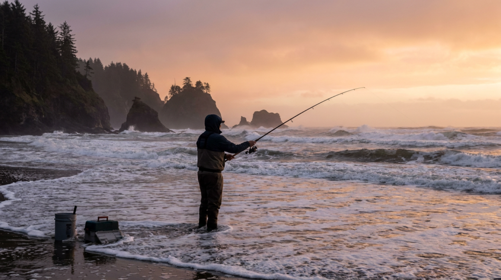 Angler casting into ocean surf at sunrise for surf perch