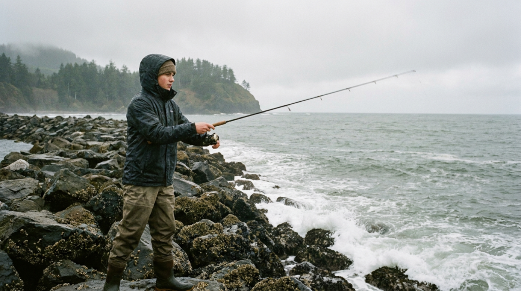 Teenage angler casting from a rocky Pacific Northwest jetty into the surf