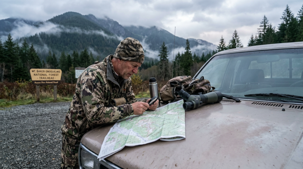 Hunter studying a topographic map spread on a truck hood at a trailhead