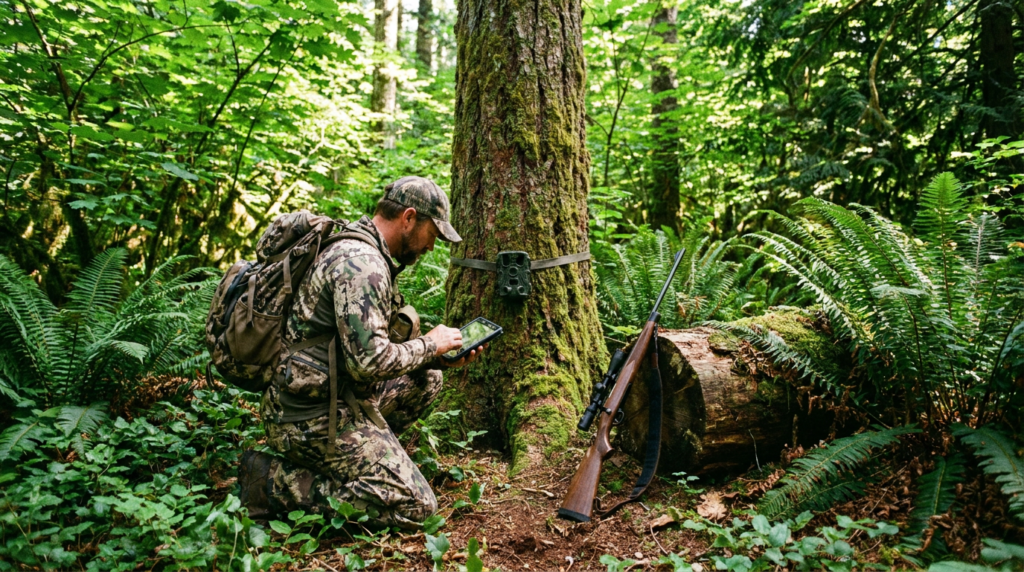 Hunter checking a trail camera strapped to a tree in summer woods ahead of deer season