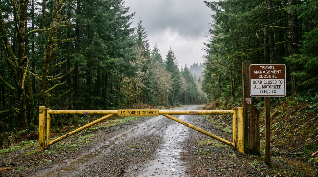 Yellow forest service gate blocking a gravel logging road under travel management rules