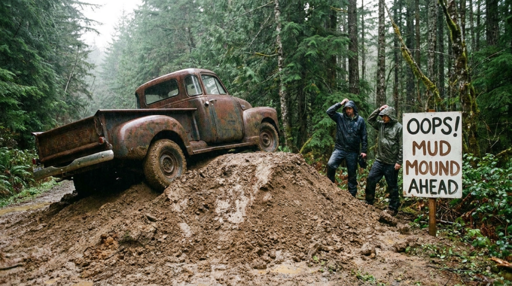 Truck stuck on a muddy dirt mound in the Pacific Northwest woods