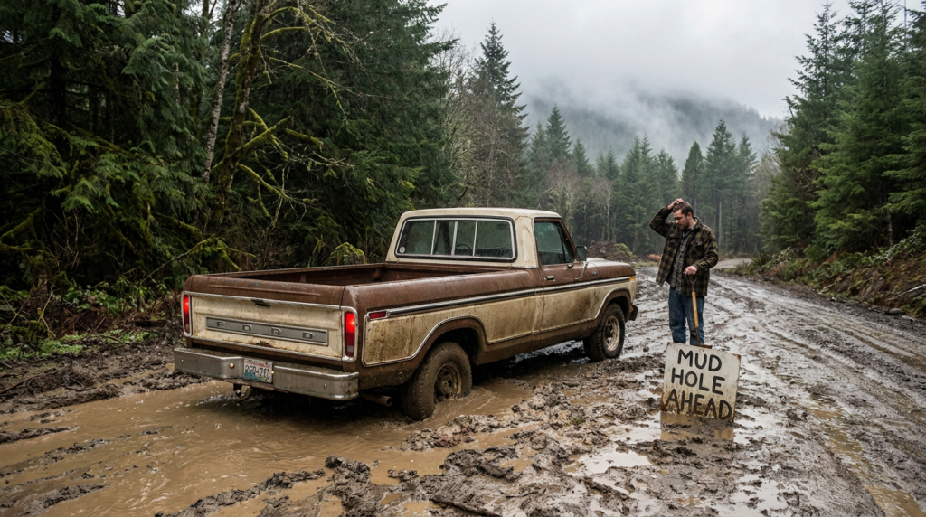 Two-wheel-drive pickup stuck axle-deep in mud on an Oregon logging road