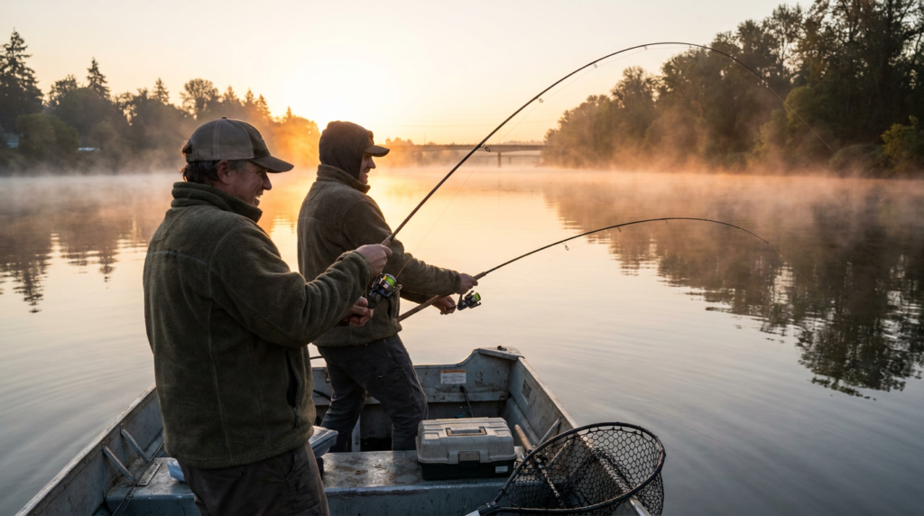 Two people bass fishing from a small boat on the Willamette River at sunrise