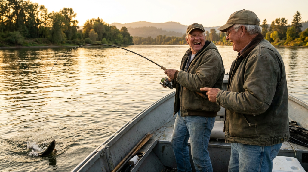 Two anglers laughing while bass fishing from a boat on the Willamette River