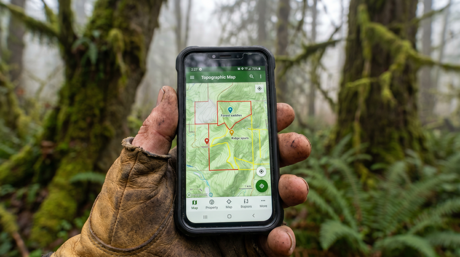 Hunter holding phone showing OnX Maps app with property boundary overlay and dropped pins for e-scouting