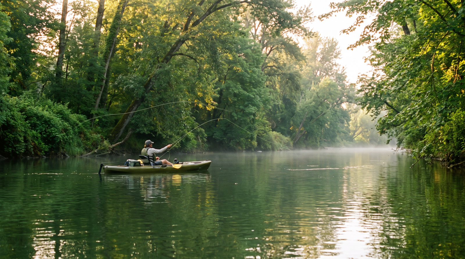 Kayaker floating the Willamette River for bass fishing in Oregon at sunrise