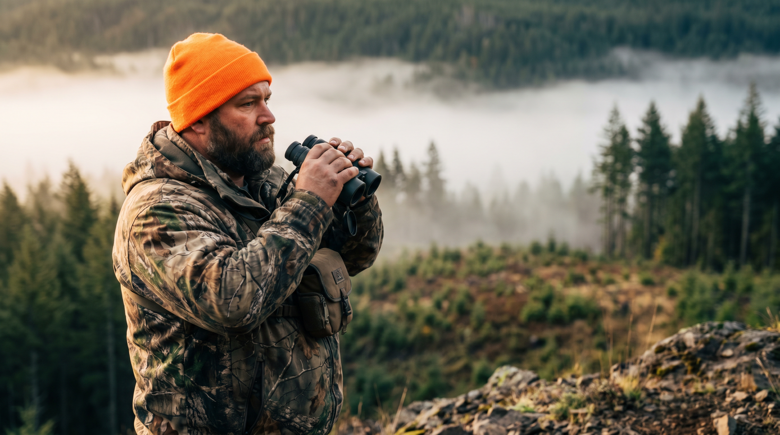 Hunter using binoculars to glass a clearcut in western Oregon during pre-season e-scouting