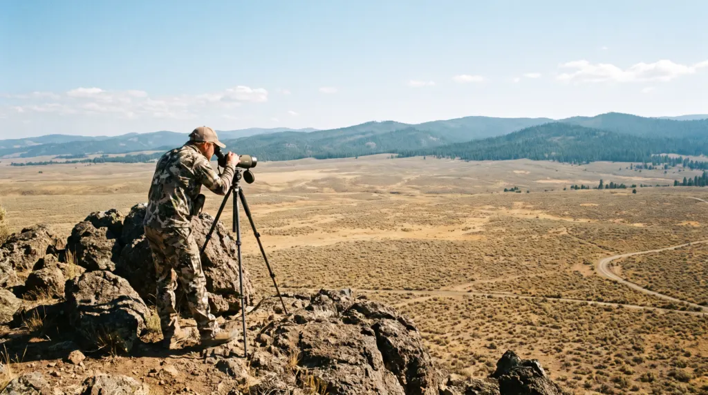 Elk hunter glassing open Eastern Oregon sagebrush country with a spotting scope on a tripod