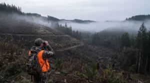 Elk hunter glassing an Oregon Coast Range clearcut with bench and bowl terrain at dawn