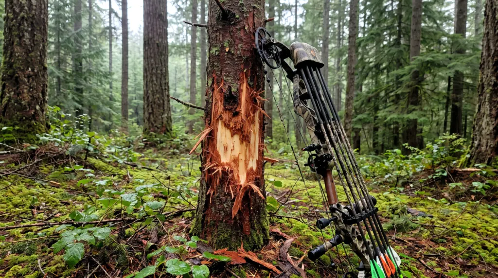 Fresh elk rub scraped into a tree trunk in Oregon timber with a compound bow leaning nearby