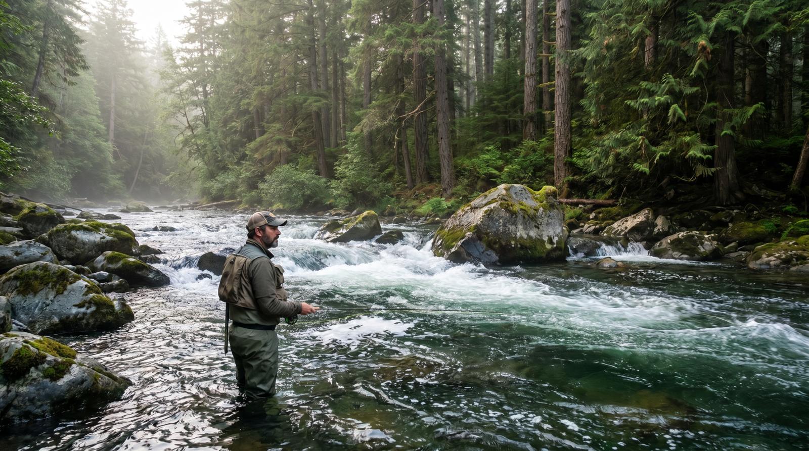 Angler standing at the edge of a river reading current seams and water structure before casting